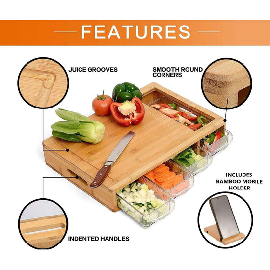 Large Bamboo Cutting Board and 4 Containers with Mobile Holder gift included for Home Kitchen - Magdasmall
