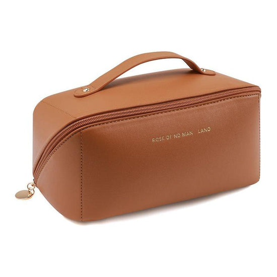 Large Travel Cosmetic Bag Portable Make up Makeup Bag Waterproof PU Leather Storage Brown