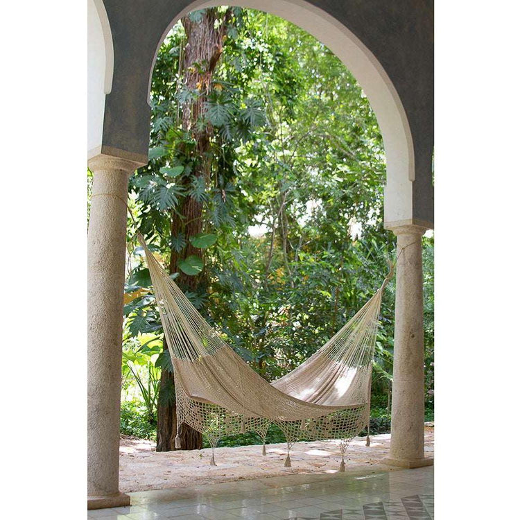 Mayan Legacy Queen Size Deluxe Outdoor Cotton Mexican Hammock in Cream Colour