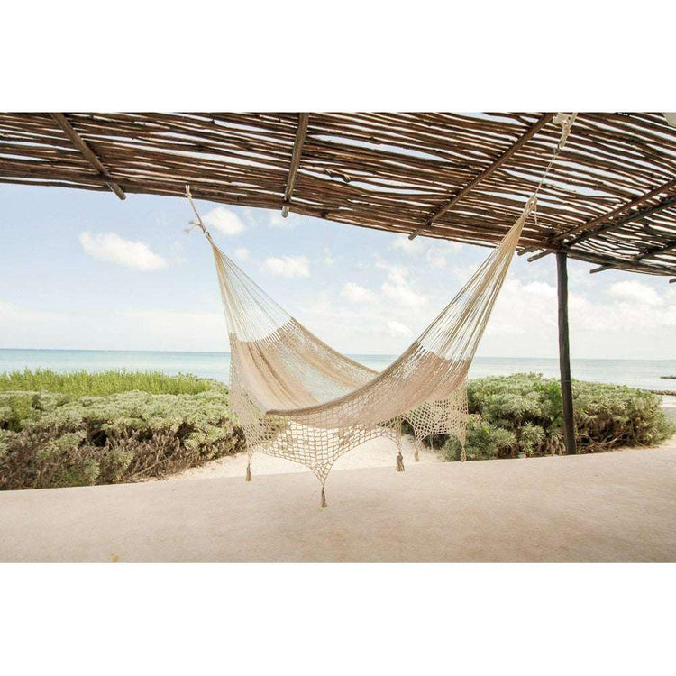 Mayan Legacy Queen Size Deluxe Outdoor Cotton Mexican Hammock in Cream Colour
