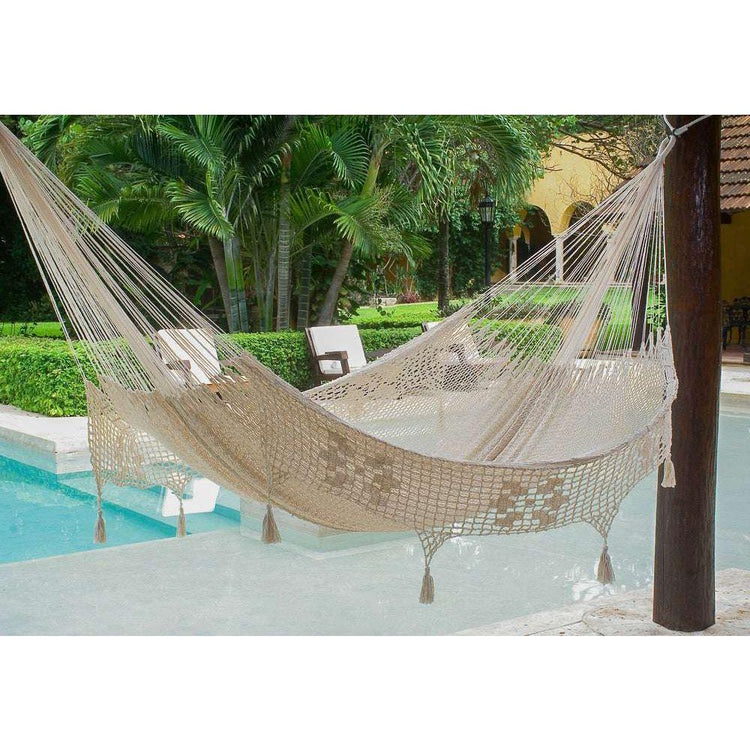 Mayan Legacy Queen Size Deluxe Outdoor Cotton Mexican Hammock in Cream Colour