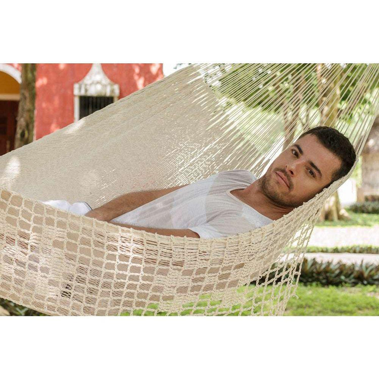 Mayan Legacy Queen Size Deluxe Outdoor Cotton Mexican Hammock in Cream Colour