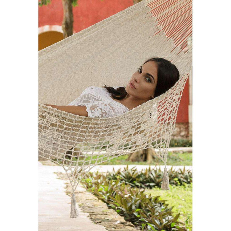 Mayan Legacy Queen Size Deluxe Outdoor Cotton Mexican Hammock in Cream Colour