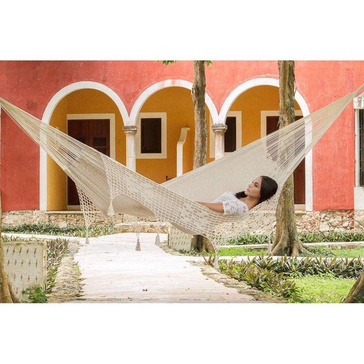 Mayan Legacy Queen Size Deluxe Outdoor Cotton Mexican Hammock in Cream Colour