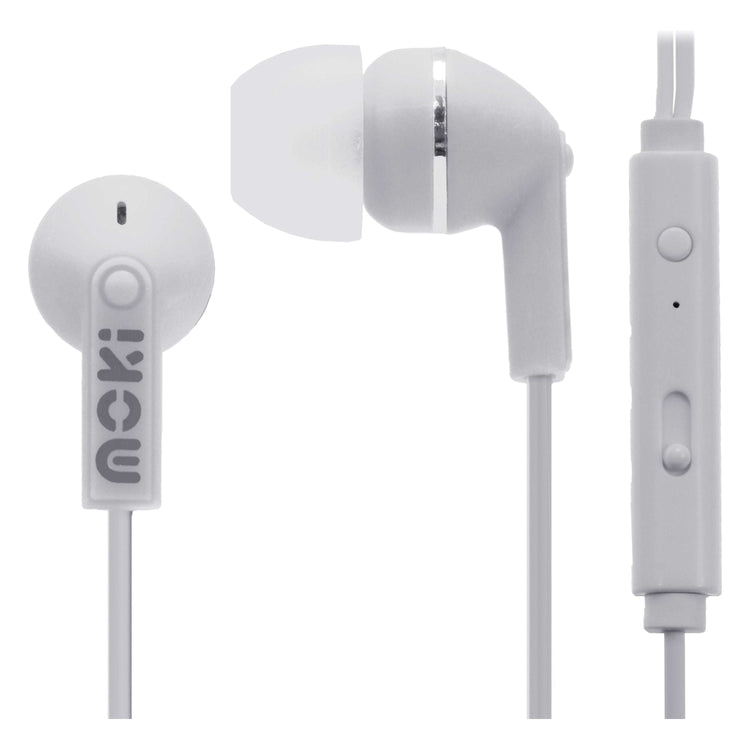 Moki Noise Isolation Earbuds with microphone & control - WHITE