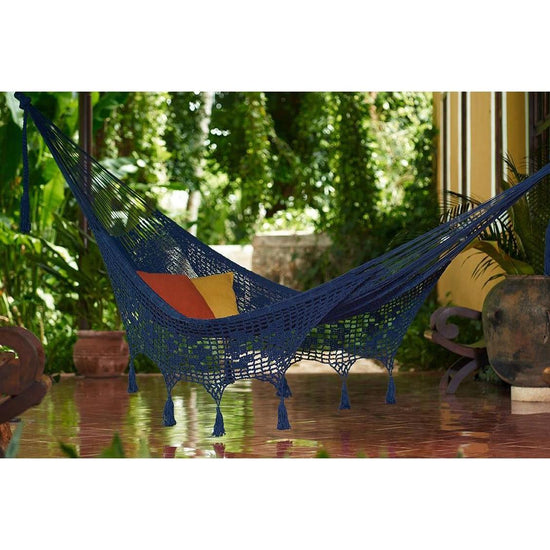 Outdoor undercover cotton Mayan Legacy hammock with hand crocheted tassels King Size Blue - Magdasmall