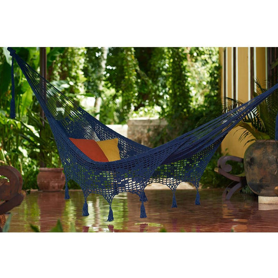 Outdoor undercover cotton Mayan Legacy hammock with hand crocheted tassels King Size Blue - Magdasmall