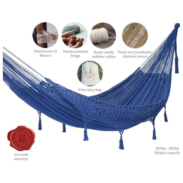 Outdoor undercover cotton Mayan Legacy hammock with hand crocheted tassels King Size Blue - Magdasmall