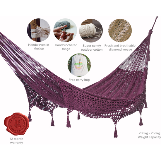 Outdoor undercover cotton Mayan Legacy hammock with hand crocheted tassels King Size Maroon