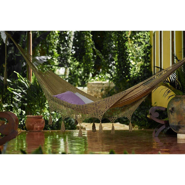 Outdoor undercover cotton Mayan Legacy hammock with hand crocheted tassels Queen Size Cedar