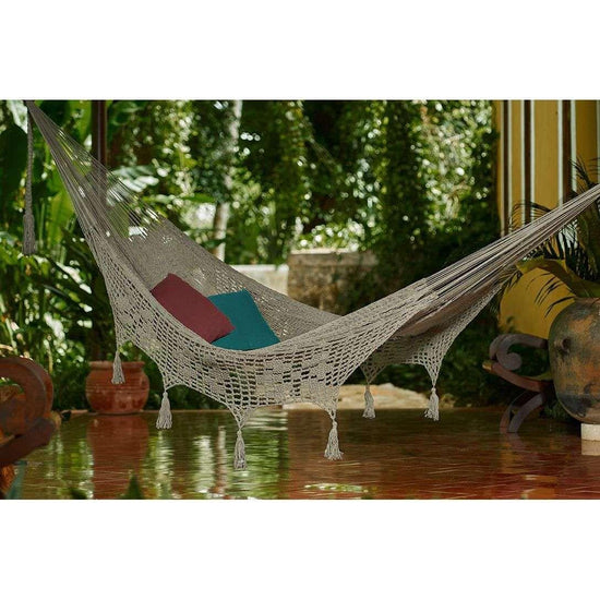 Outdoor undercover cotton Mayan Legacy hammock with hand crocheted tassels Queen Size Dream Sands - Magdasmall