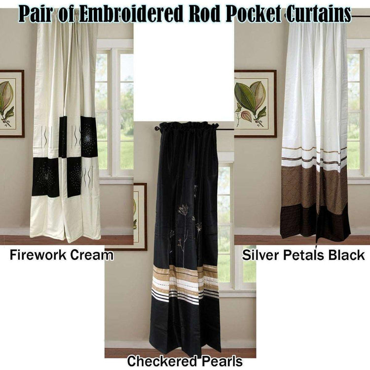 Pair of Embroidered Rod Pocket Curtains 150 x 213cm each Silver Petals - Magdasmall