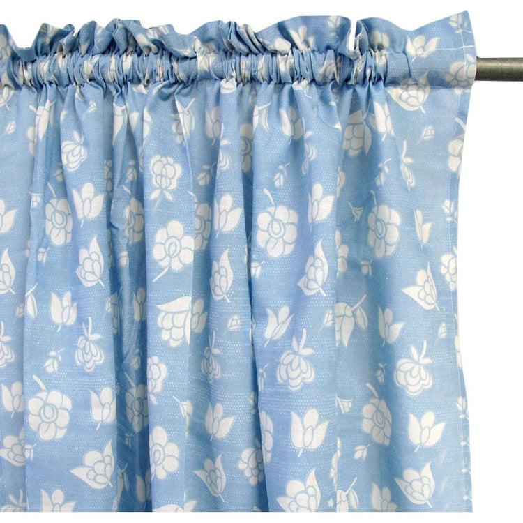 Pair of Polyester Cotton Rod Pocket Blue Flower Curtains