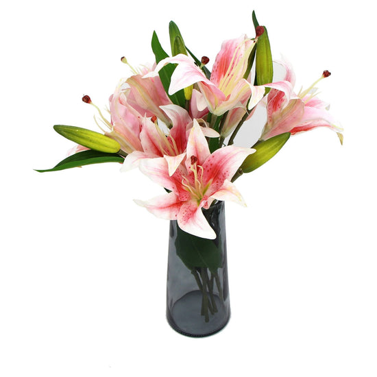 Premium Faux Pink Lily in Glass Vase (Artificial Tiger Lily Arrangement) - Magdasmall