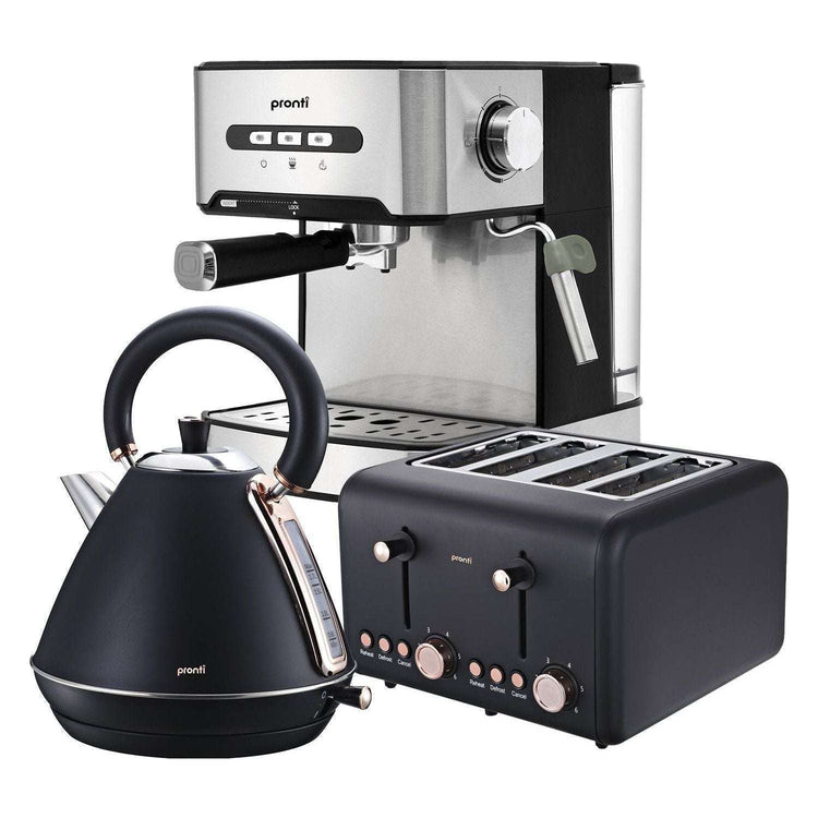 Pronti Toaster, Kettle & Coffee Machine Breakfast Set - Black