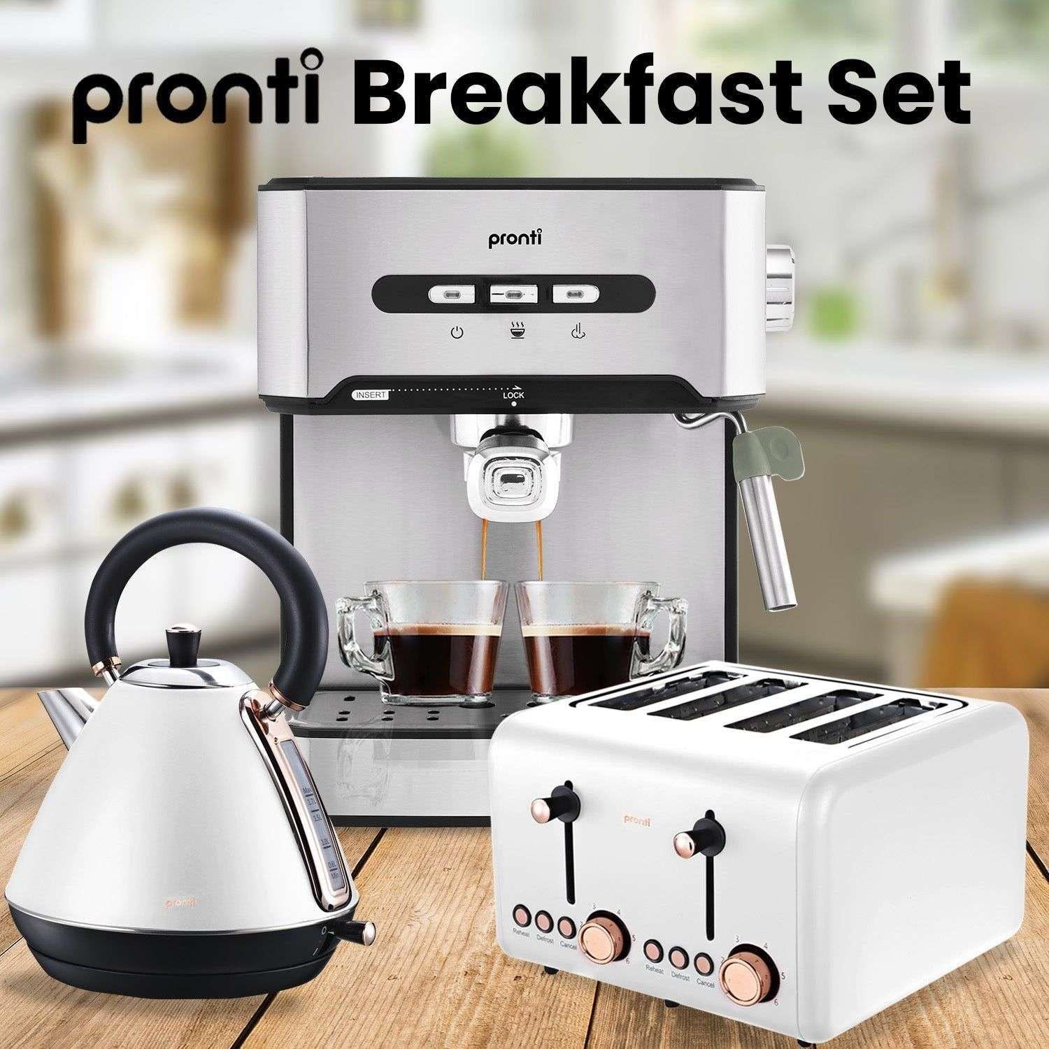Pronti Toaster, Kettle & Coffee Machine Breakfast Set - White - Magdasmall