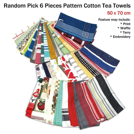 Random Pick Set of 6 100% Cotton Pattern Tea Towels - 50 x 70 cm