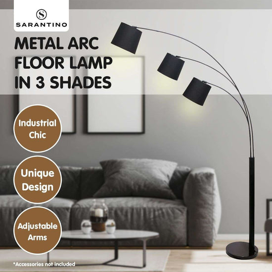 Sarantino 3-Light Arc Floor Lamp Adjustable Black 3 Shades - Magdasmall