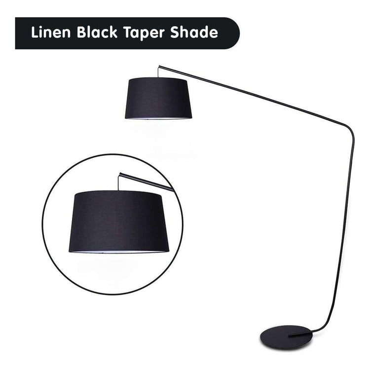 Sarantino Metal Arc Floor Lamp in Black Finish with Linen Taper Shade - Magdasmall