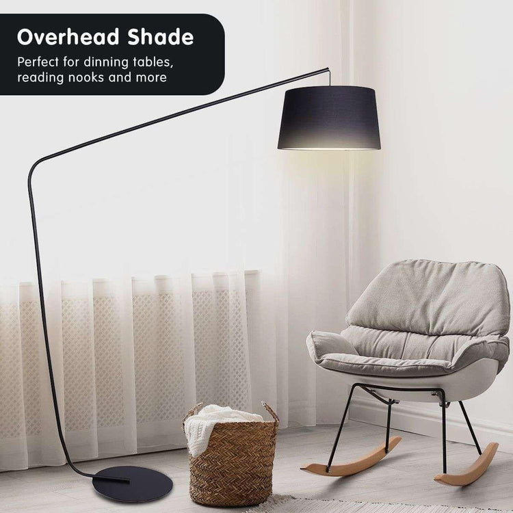 Sarantino Metal Arc Floor Lamp in Black Finish with Linen Taper Shade - Magdasmall
