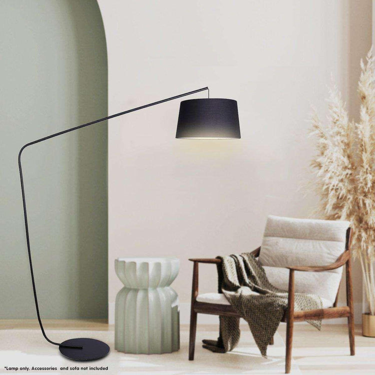 Sarantino Metal Arc Floor Lamp in Black Finish with Linen Taper Shade - Magdasmall