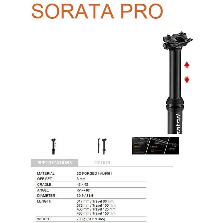 Satori Sorata Pro Dropper Seat Post Internal Cable 31.6 Diameter 125mm Travel MTB Trekking Bike