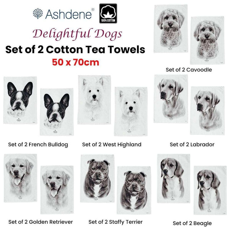 Set of 2 Delightful Dogs Cotton Kitchen Tea Towels 50 x 70 cm Beagle