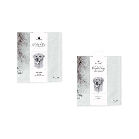 Set of 2 Delightful Dogs Cotton Kitchen Tea Towels 50 x 70 cm Golden Retriever