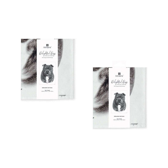 Set of 2 Delightful Dogs Cotton Kitchen Tea Towels 50 x 70 cm Staffy Terrier