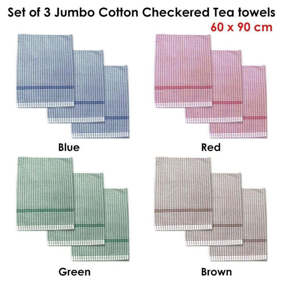 Set of 3 Jumbo Cotton Checkered Tea Towels 60 x 90 cm Red