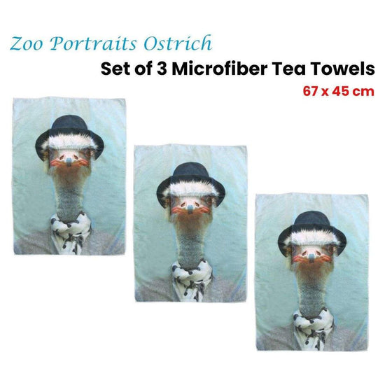 Set of 3 Zoo Portraits Microfiber Tea Towels Ostrich 67 x 45 cm