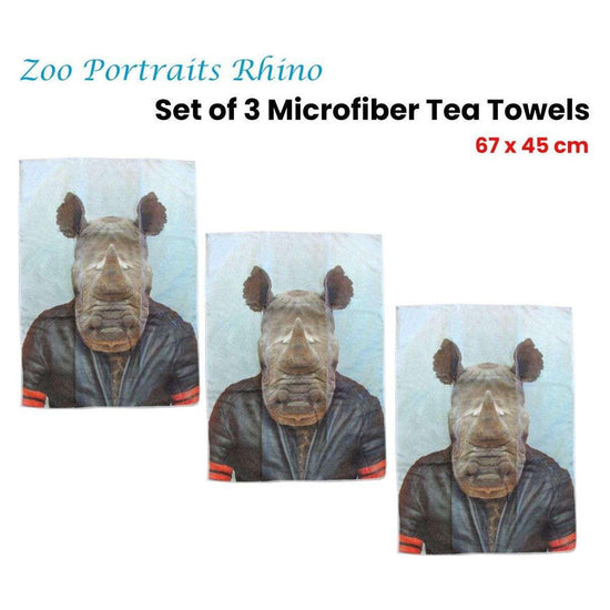 Set of 3 Zoo Portraits Microfiber Tea Towels Rhino 67 x 45 cm