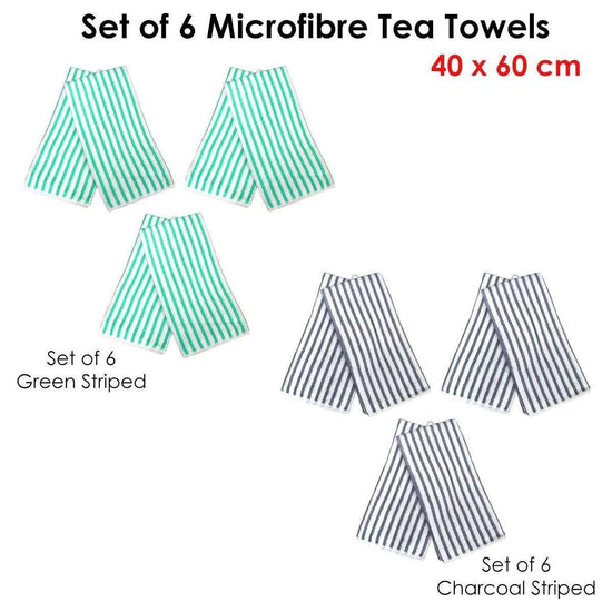 Set of 6 Microfibre Striped Tea Towels Green