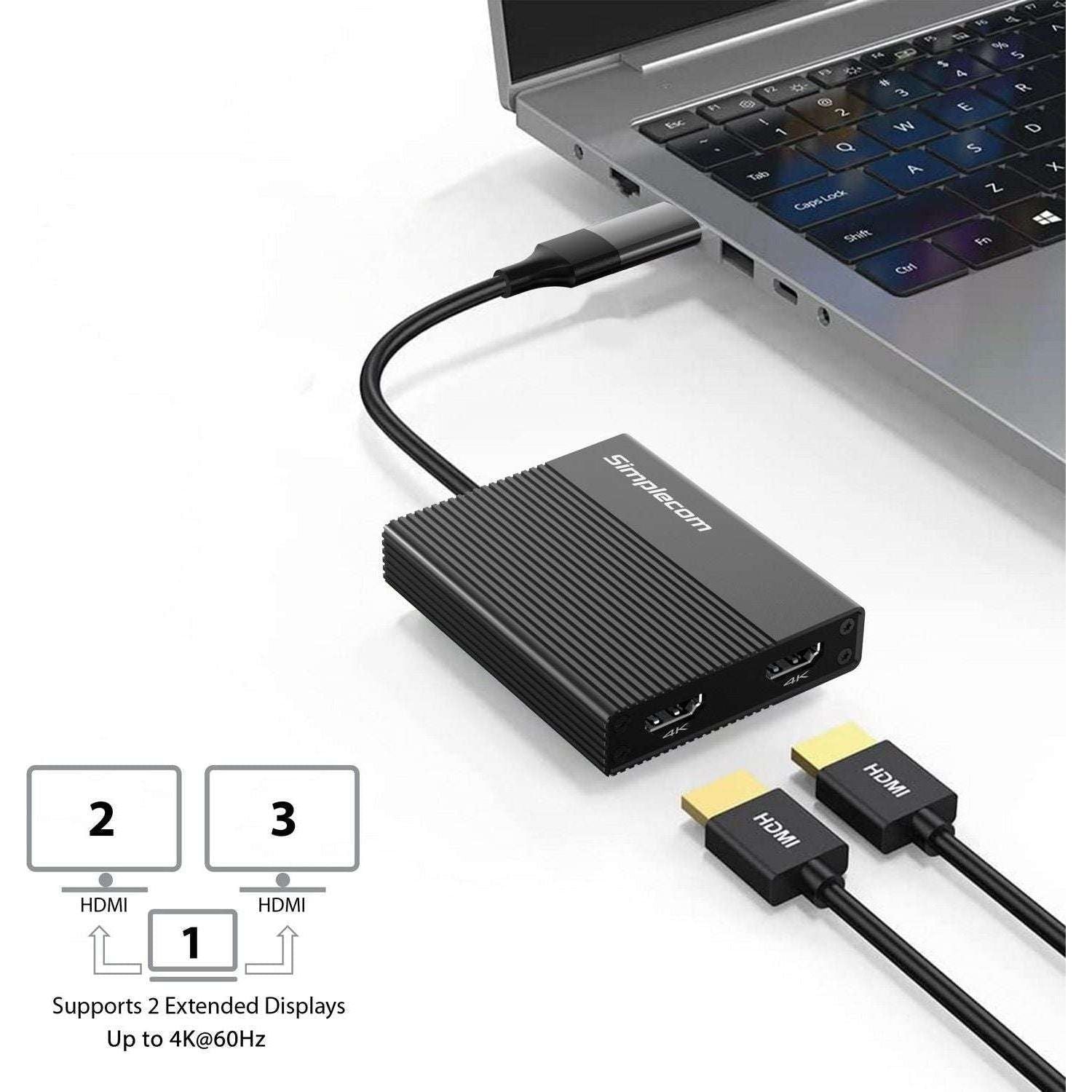 Simplecom DA369 USB 3.0 or USB-C to Dual 4K HDMI 2.0 Display Adapter for 2x 4K@60Hz Extended Screens