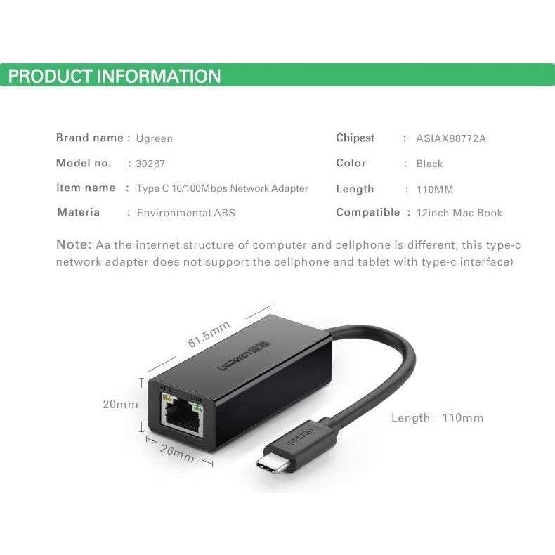 UGREEN 30287 USB-C 10/100Mbps Ethernet Adapter