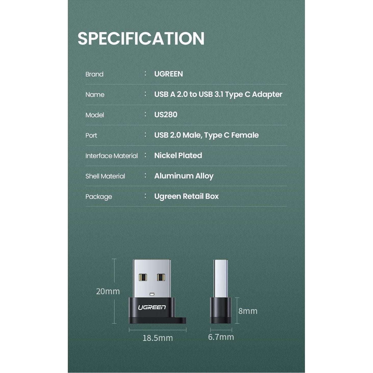 UGREEN 50568 USB-C 3.1 Female to USB-A 2.0 Male Adapter