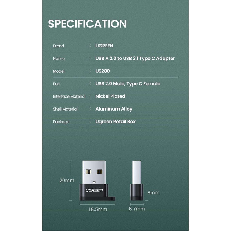 UGREEN 50568 USB-C 3.1 Female to USB-A 2.0 Male Adapter
