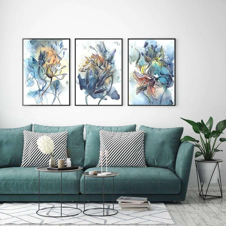 Wall Art 40cmx60cm Watercolor Style Abstract Flower 3 Sets Black Frame Canvas - Magdasmall