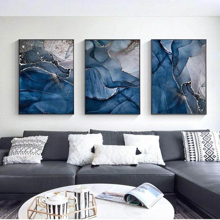 Wall Art 50cmx70cm Blue Gold Marble 3 Sets Black Frame Canvas - Magdasmall