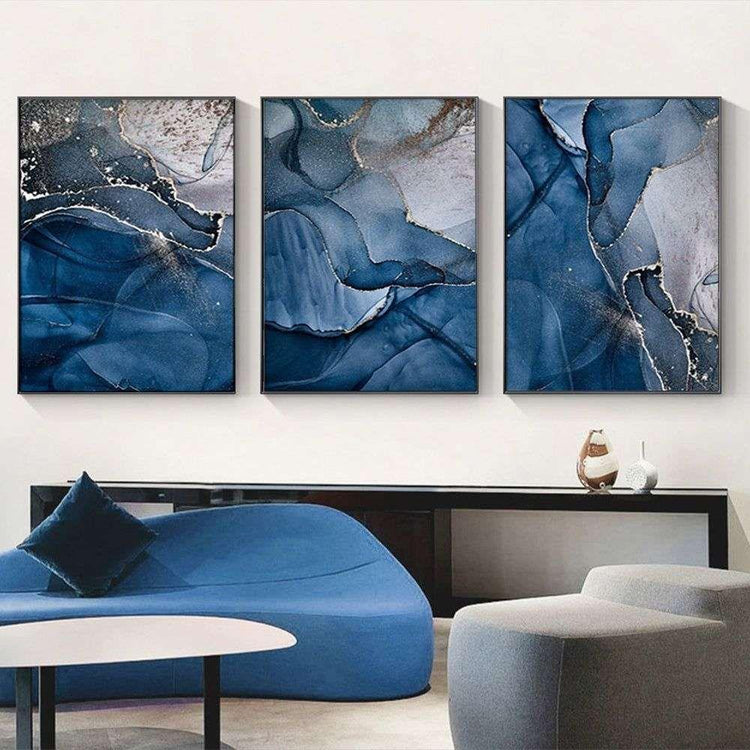 Wall Art 50cmx70cm Blue Gold Marble 3 Sets Black Frame Canvas - Magdasmall