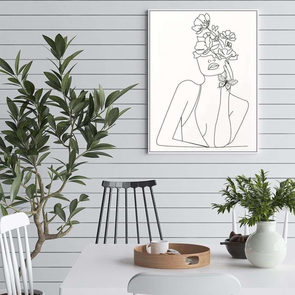 Wall Art 50cmx70cm Line Art Girl White Frame Canvas - Magdasmall