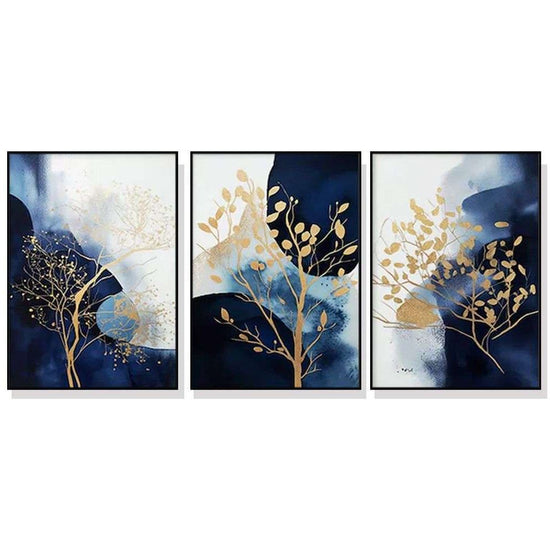 Wall Art 60cmx90cm Navy and Gold Watercolor Shapes 3 Sets Black Frame Canvas