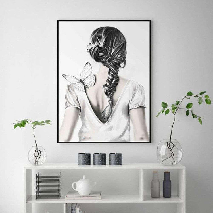 Wall Art 70cmx100cm Woman Back With Butterfly Black Frame Canvas - Magdasmall