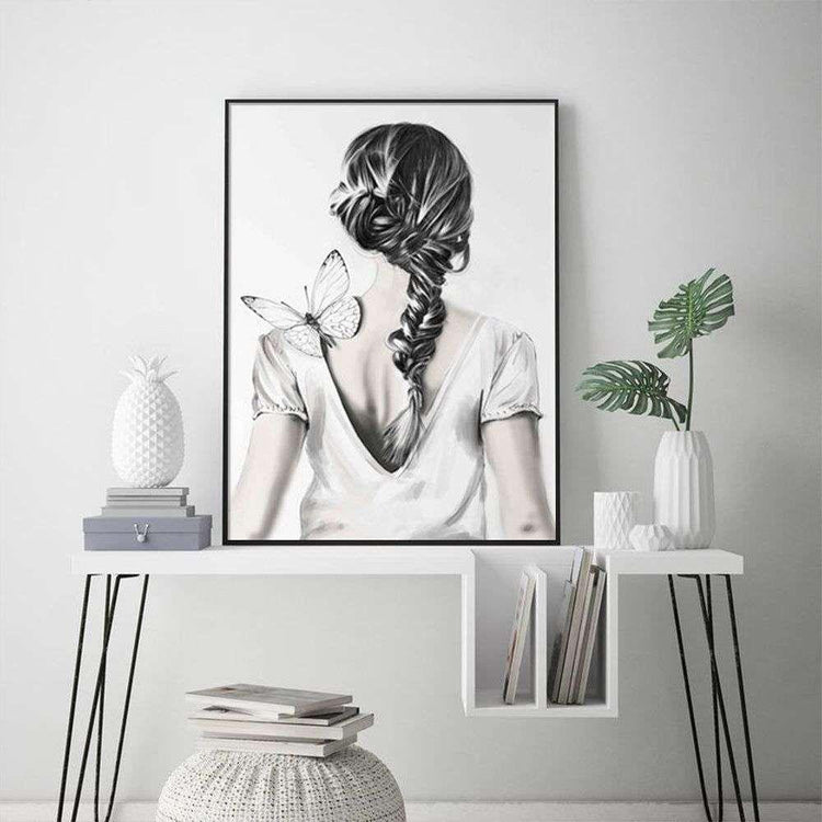 Wall Art 70cmx100cm Woman Back With Butterfly Black Frame Canvas - Magdasmall