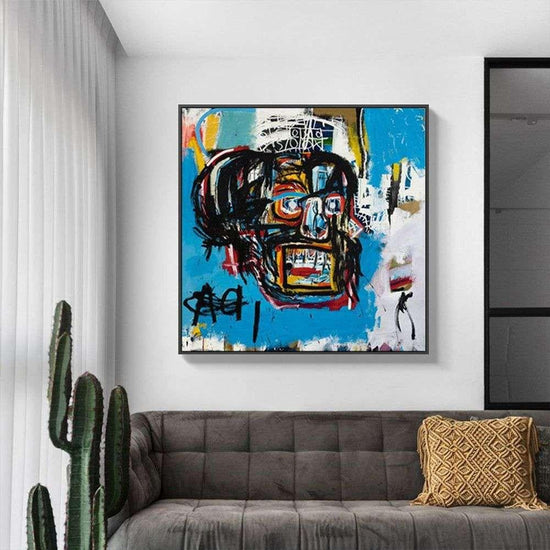 Wall Art 70cmx70cm Blue Head By Basquiat Black Frame Canvas - Magdasmall
