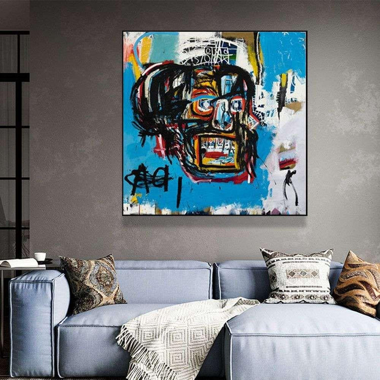 Wall Art 70cmx70cm Blue Head By Basquiat Black Frame Canvas - Magdasmall