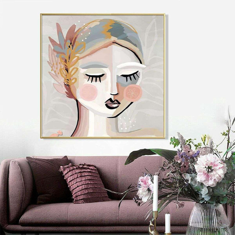 Wall Art 70cmx70cm Calm Girl Gold Frame Canvas - Magdasmall