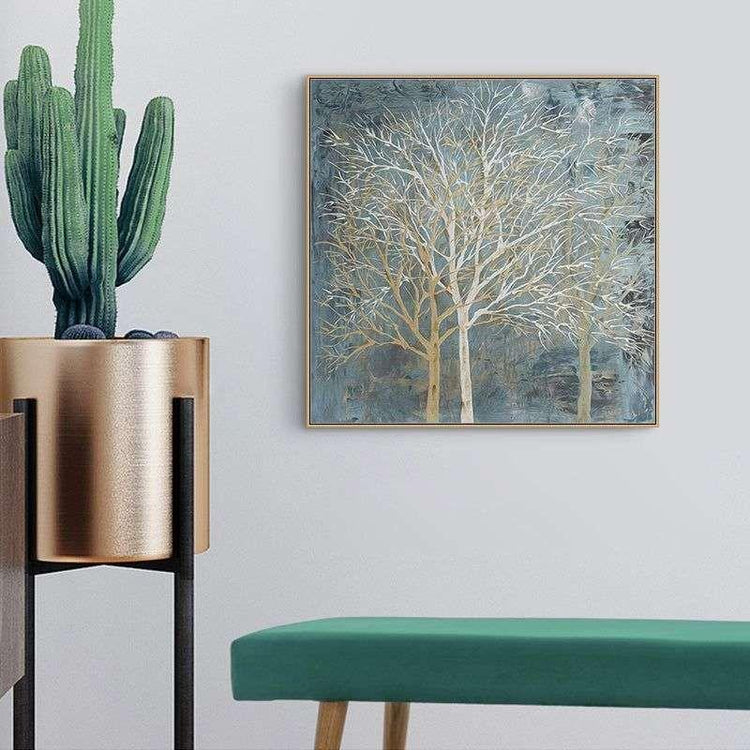 Wall Art 80cmx80cm Forest In The Twilight Trees Gold Frame Canvas - Magdasmall
