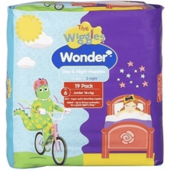 1 Pack 19pcs The Wiggles Wonder Nappies Day & Night Junior 16+kg - Size 6