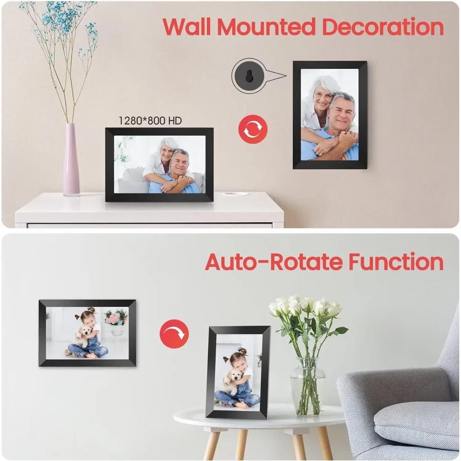 10.1-Inch Wooden Frame WiFi Digital Photo Frame - 32GB Storage, IPS Touchscreen, App Remote Sharing - Magdasmall
